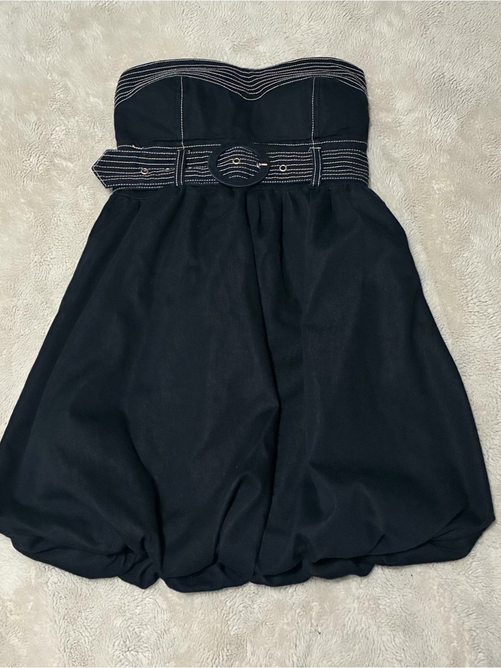 Black Strapless Bubble Mini Dress with Contrasting Belt